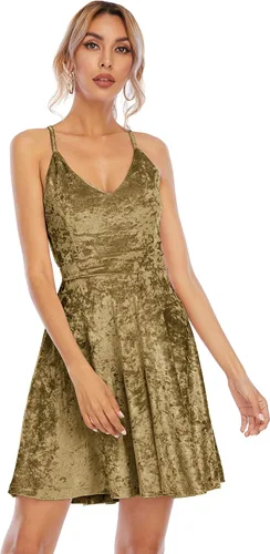 Vista 4 de R.Vivimos - Vestido sexy para mujer con tirantes delgados, de terciopelo aplastado, cuello en V, plisado y con vuelo, estilo patinadora