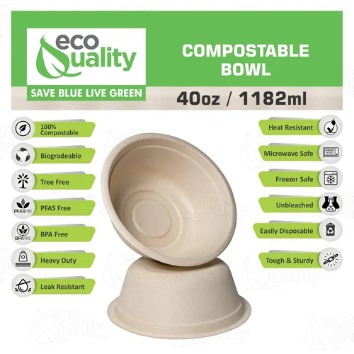 Vista 3 de EcoQuality 100 cuencos desechables redondos de 40 onzas de fibras de bambú de bagazo de caña de azúcar, resistentes, compostables, ecológicos