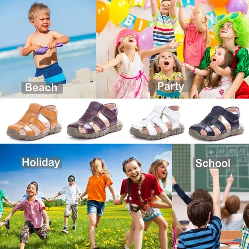Vista 6 de Athlefit Sandalias de cuero para niños y niñas, sandalias de cuero para deportes al aire libre, sandalias casuales