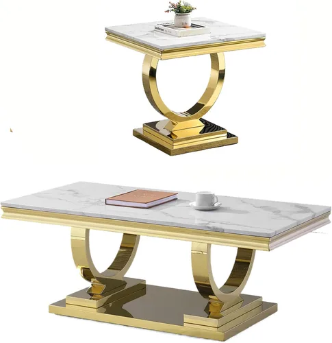 Vista 10 de Juego de 2 mesas de café de mármol, juego de mesa de sala de estar de 2 piezas que incluye 1 mesa auxiliar y 1 mesa auxiliar, moderna mesa de centro