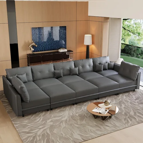 Vista 18 de LLappuil Sofá cama modular modular con almacenamiento, sofás de piel sintética de 6 plazas para sala de estar, color marrón