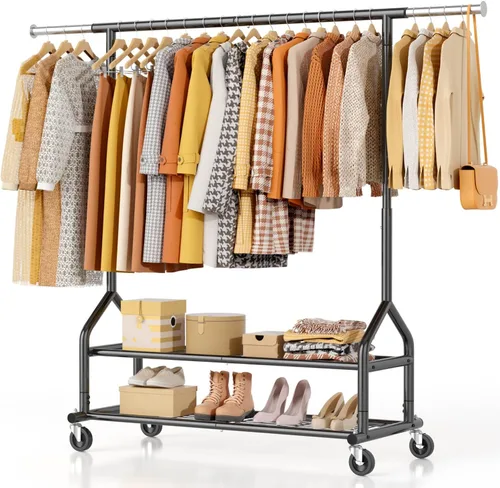 Vista 13 de EAGMAK Perchero de ropa resistente con capacidad de carga de 192 kg, perchero enrollable con estantes, colgador de ropa ajustable de metal
