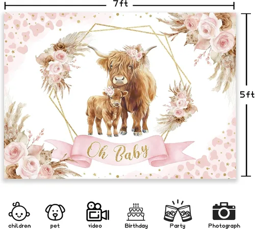 Vista 2 de Newsely Fondo de decoración de vaca de las tierras altas para baby shower, 7 pulgadas de ancho x 5 pulgadas de alto, fotografía, bohemio, rosa