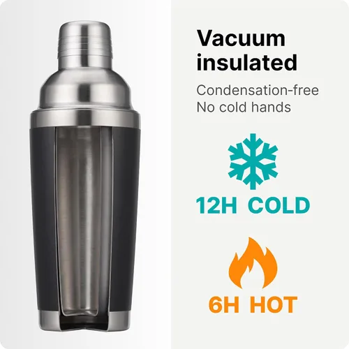 Vista 7 de VINUR Coctelera aislada, coctelera de Martini aislada al vacío de acero inoxidable de 20 onzas con colador integrado y tapa jigger para camarero