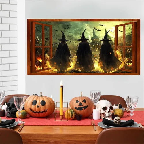 Vista 7 de Calcomanías de pared de bruja de Halloween 3D con escena de Halloween, calcomanías de pared falsas para ventana, mural grande, papel tapiz
