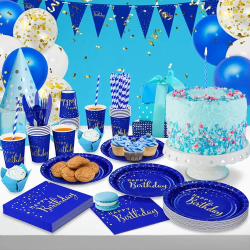 Vista 3 de DYLIVeS Paquete de 204 piezas de decoraciones de cumpleaños azules, puntos de aluminio azules y dorados, suministros de fiesta de feliz cumpleaños