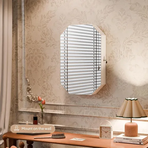 Vista 8 de Bonnlo Armario de joyería moderno en forma de diamante, organizador octogonal con cerradura con espejo, montado en la pared para ahorrar espacio