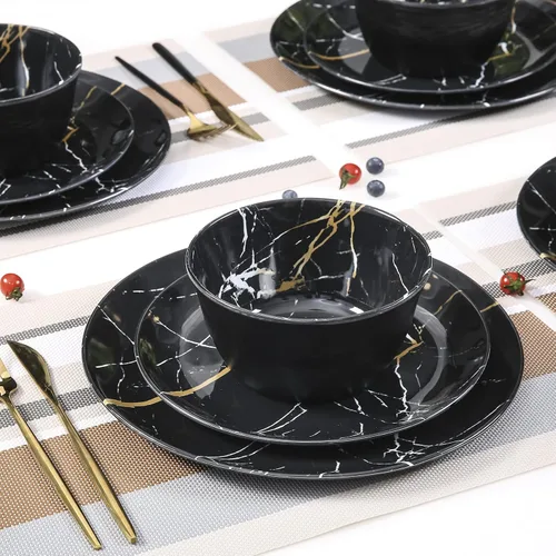 Vista 9 de Juego de vajilla de melamina – 12 piezas de platos y cuencos, ideal para fiestas en interiores y exteriores, sin BPA, apto para lavavajillas