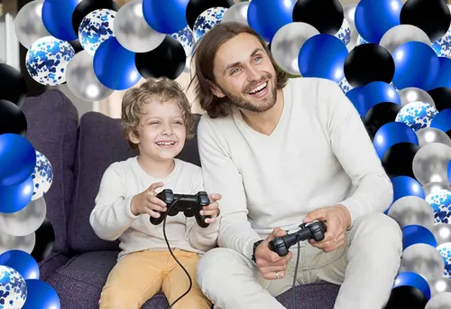 Vista 4 de Roya - Kit de arco de guirnalda de globos azules y negros, 124 globos de látex azul mate negro metálico plateado para videojuegos, fiestas, hombres