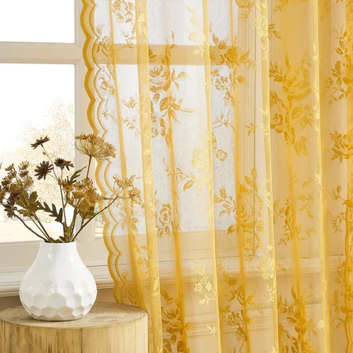 Vista 44 de Cortinas de encaje beige, juego de 2 paneles de cortinas traslúcidas con bolsillo para cortinero, decoración de ventana pequeña, baño, sótano