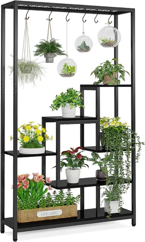 Vista 9 de LITTLE TREE Soporte alto para plantas de interior de 5 niveles, estante de metal grande de 70.9 pulgadas para macetas de bonsái, estante de Marrón