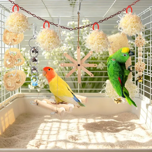 Vista 4 de QUOZUO 9 piezas de juguetes de loro, periquito para pájaros, accesorios para jaula de pájaros, cuerda de columpio, perca de madera, juguetes