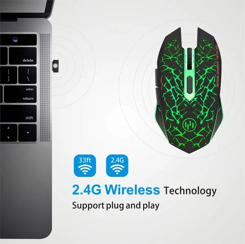 Vista 5 de TENMOS K6 - Mouse inalámbrico para juegos mouse óptico LED silencioso recargable con receptor USB 3 niveles de DPI ajustables y 6 botones compatible