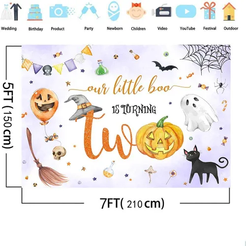 Vista 4 de MEHOFOND Telón de fondo de Halloween Spooktacular de 2º cumpleaños con texto en inglés "Our Little Boo is Turning Twing", lindo fantasma para fiesta