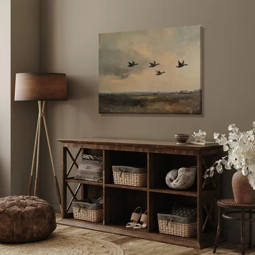 Vista 6 de Póster vintage de pato salvaje volador rústico, paisaje de campo, arte de pared, retro, clásico, naturaleza, lienzo, impresión de prado y patos