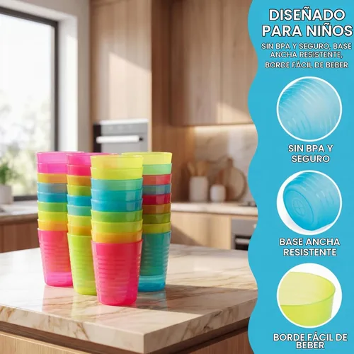 Vista 4 de Dicunoy Paquete de 32 vasos de plástico reutilizables de 8 onzas, vasos pequeños para beber, vasos abiertos de colores irrompibles, vaso de agua