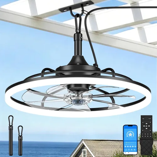 Vista 8 de VOLISUN Ventiladores de techo para exteriores con luz para patios, ventilador de techo resistente a la intemperie, enchufe de 19.7 pulgadas Madera
