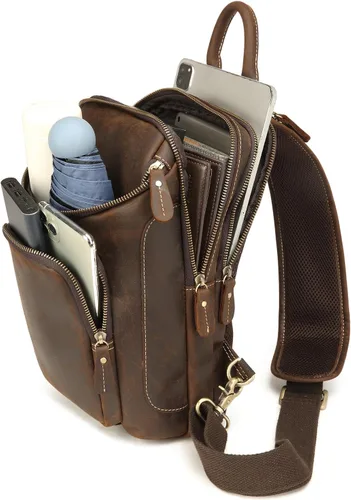 Vista 4 de Lieseh Bolso bandolera vintage de cuero genuino para hombre, bandolera para hombro, pecho, mochila de viaje al aire libre, Café, Vintage