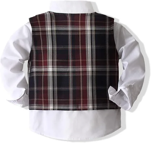 Vista 2 de Conjunto de chaleco de 3 piezas para bebé niño con camisa blanca, chaleco de celosía y pantalón
