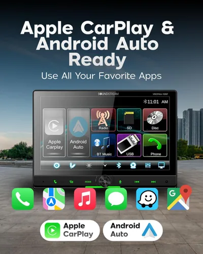 Vista 2 de Soundstream Estéreo flotante de 10.6 pulgadas con pantalla táctil doble DIN, VRCPAA-106F Apple CarPlay y Android Auto Head Unit, Bluetooth, receptor