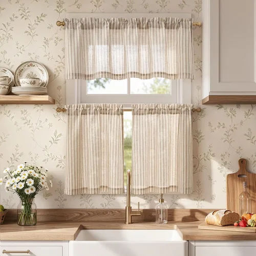 Vista 22 de Jinchan - Juego de cortinas y cenefas de cocina estilo bohemio negro sobre beige y bolsillo para barra Boho Negro sobre Beige