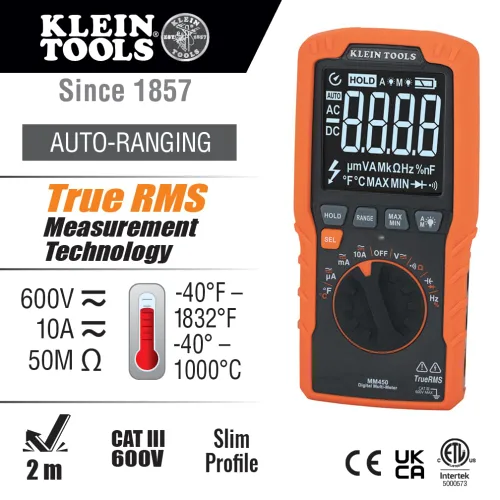 Vista 3 de Klein Tools Multímetro MM450, medidor digital delgado, TRMS de rango automático, voltaje AC/CC de 600V, corriente, resistencia, temperatura