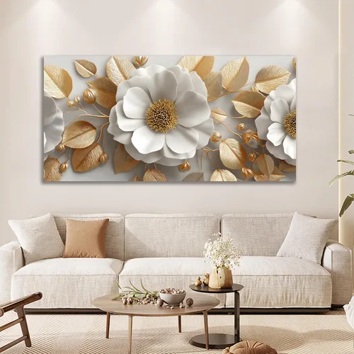 Vista 2 de Tarfupth Lienzo floral para pared de sala de estar, flores doradas y blancas, obra de arte botánica grande para dormitorio, oficina, decoración
