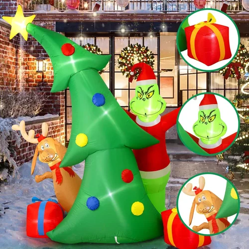 Vista 6 de Hioasis Decoración inflable de Navidad para exteriores de 9 pies, árbol con monstruo verde de Navidad, perro y cajas de regalo con luces LED
