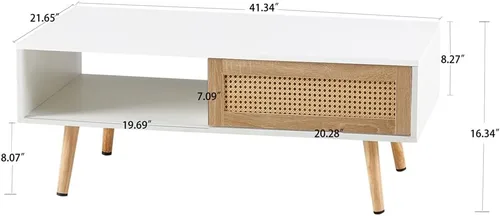 Vista 2 de Mesa de centro de ratán de 41.34 pulgadas, puerta corrediza para almacenamiento, patas de madera maciza, mesa moderna para sala de estar, utilizada