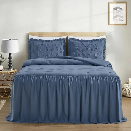 Vista 3 de Chezmoi Collection Aria - Juego de colcha plisada de 3 piezas con falda con volantes – French Country Chic Farmhouse – Matrimonial, color azul Azul