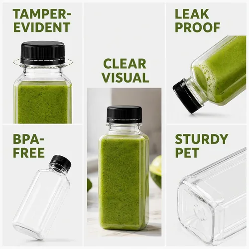 Vista 3 de Cedilis Paquete de 25 botellas de plástico de 8 onzas con tapa negra, recipientes desechables y reutilizables para hacer jugo, leche, aderezo