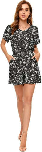 Vista 4 de LAC RETTBA Mono de leopardo con lunares para mujer, cuello en V, estampado floral, manga con vuelo, bolsillo