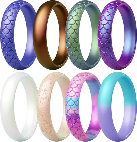 Vista 24 de ThunderFit Anillos de aniversario de silicona para mujer, 5.5 mm de ancho, 2 mm de grosor, bandas de goma de boda, paquete múltiple variado 1-12