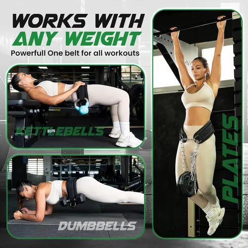 Vista 4 de Heavy Duty Hip Thrust Belt for Dumbells, Kettlebells, and Plates - Glute Workout at Home, Gym, and Travel - Dip and Pullup Belt (Chain Included)