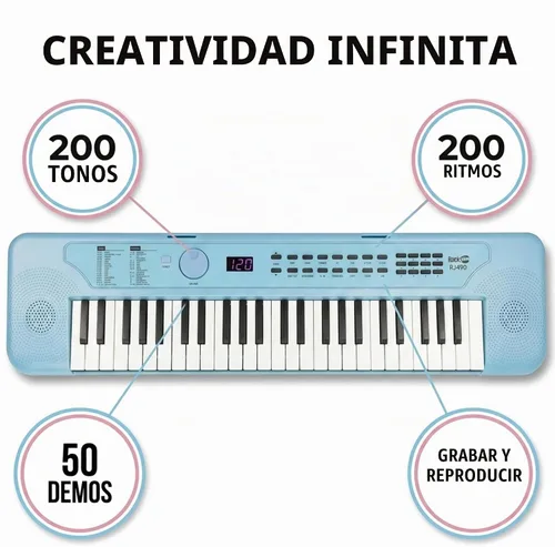 Vista 4 de RockJam Mini teclado RJ490 de 49 teclas con altavoces, azul bebé