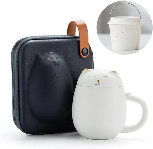 Vista 9 de Taza de té para gatos con infusor y tapa, bonitas tazas de cerámica para gatos para remojar hojas sueltas, tazas de té de 11.8 fl oz con funda