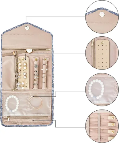 Vista 4 de Bagsmart - Organizador de joyas plegable de viaje para anillos, collares, pulseras, aretes, Blanco (White Leaf), S