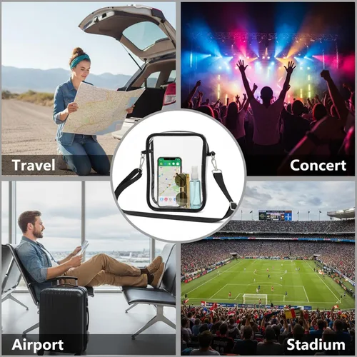 Vista 7 de 8 bolsas cruzadas transparentes, bolsa de PVC aprobada para estadios con correa ajustable, bolsa de mensajero transparente para conciertos y eventos