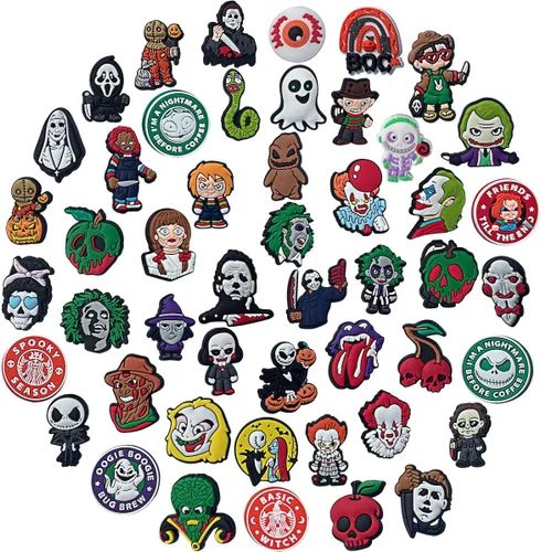 Vista 2 de 53 dijes de zapatos de película de terror de Halloween para zapatos tipo zueco y dibujos animados para adolescentes, niños, niñas, hombres