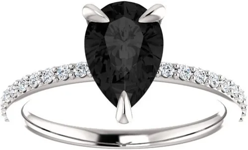 Vista 2 de Anillo de compromiso con forma de pera de 3 quilates de diamante negro, delicado anillo de diamante negro de lágrima, anillo de pera de ónix negro
