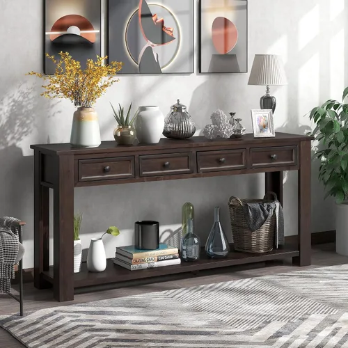 Vista 3 de Mesa consola rústica de 64 pulgadas para entrada, sofá de madera, mesa auxiliar con cajón y estante de almacenamiento para pasillo, mesa ocasional