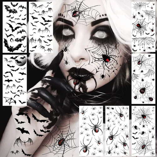 Vista 8 de VANTATY 5 hojas de tatuajes temporales 3D de Halloween Joker para hombres, mujeres y adultos, gótico, estilo de Halloween, impermeable, patrón de A