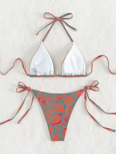 Vista 2 de Falainetee Traje de baño de cintura alta para mujer, estampado floral, triángulo, halter, conjunto de bikini de 2 piezas