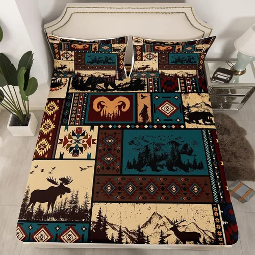 Vista 22 de Erosebridal Sábanas de cama de vaca tamaño individual para decoración rústica, sábana bajera ajustable de estrellas del oeste de Texas para vaquera