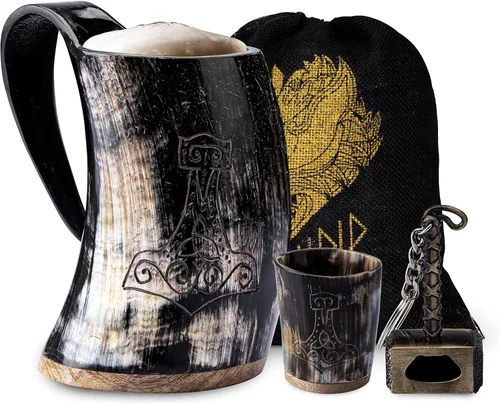 Vista 8 de FENRIR Taza de cuerno vikingo de 16 onzas con vaso de chupito, regalos vikingos para hombres y mujeres, abridor de botellas, jarra de cuerno de buey