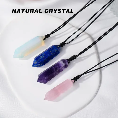 Vista 5 de Collar de cristal natural de doble punta hecho a mano con colgante tejido de piedras preciosas pulidas Reiki Energy Stone para hombres y mujeres