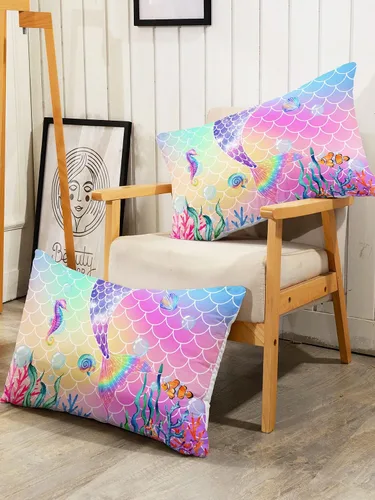 Vista 7 de Datura Home - Juego de edredón de cama con estampado de cola de sirena rosa arcoíris con 1 y 2 fundas de almohada para dormitorio de niñas durante