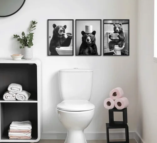 Vista 5 de Divertido lienzo de oso negro para baño, arte de pared moderno en blanco y negro, imágenes de adorable oso con impresiones de papel higiénico, obras