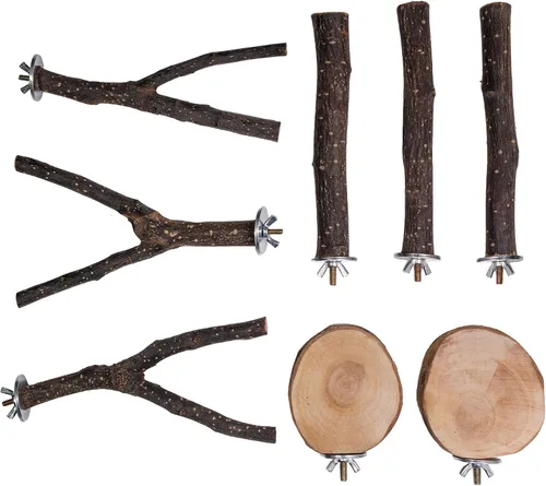 Vista 9 de Juego de 8 perchas para pájaros de madera de manzana natural, accesorios para jaula de pájaros, soporte de madera para loros, ramas de madera dura
