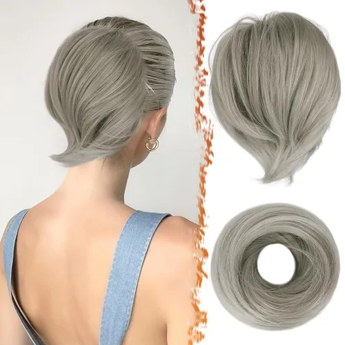 Vista 36 de BARSDAR Extensiones de Moño de Cabello Liso - Extensiones de Moño de Cola de Caballo Corta y Lisa para Mujeres, Coleteros de Moño de Cabello